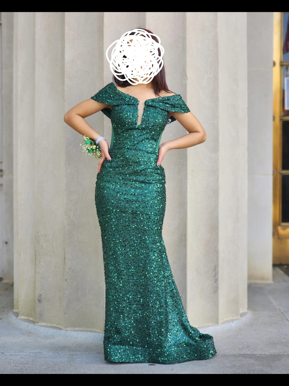 Off-the-Shoulder Green Sequin Evening Gown